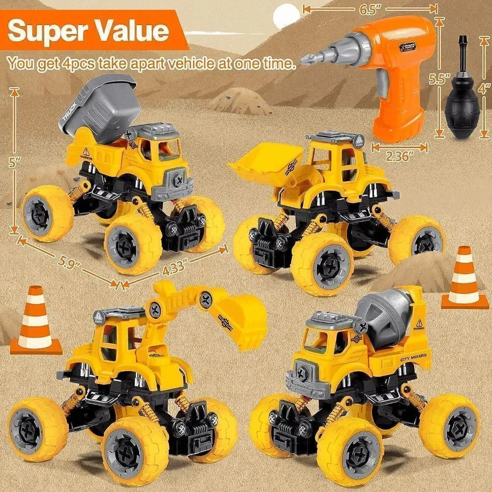 4-in-1 Take Apart Construction Toys for Kids, DIY Assembly Car Trucks w/Electric